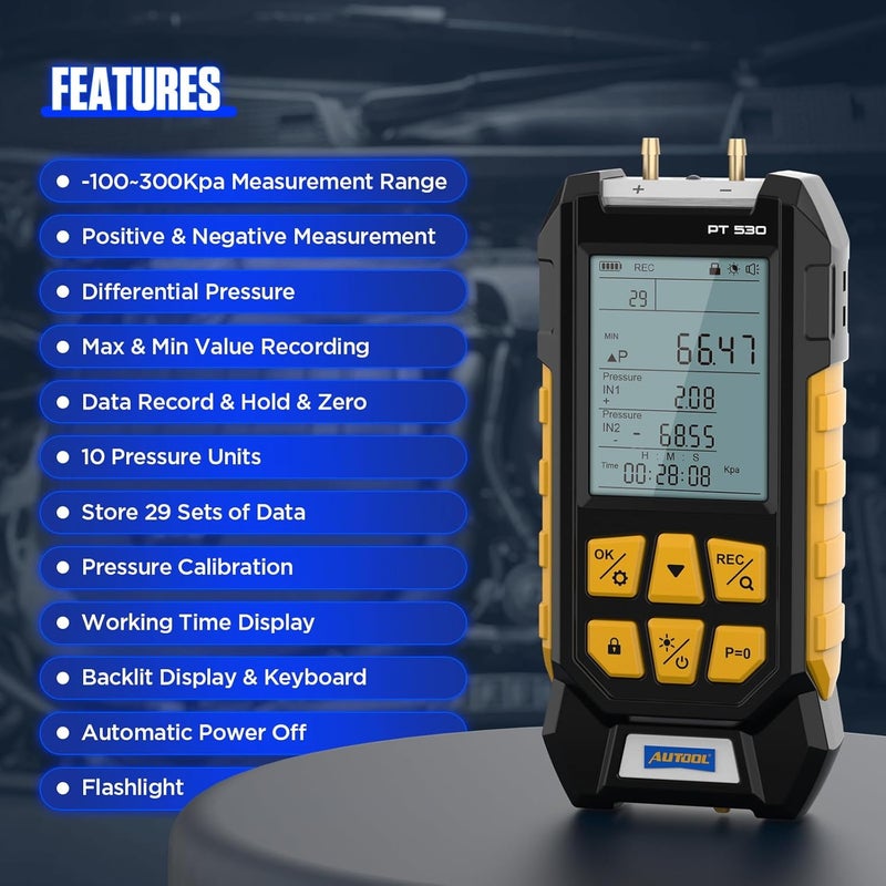 Autool Manometer Gas Pressure Tester -100 to 300Kpa Digital Fieldpiece Manometer HVAC 11 Units, Data Lock & Storage with Magnetic Back, Backlit Display - Image 2